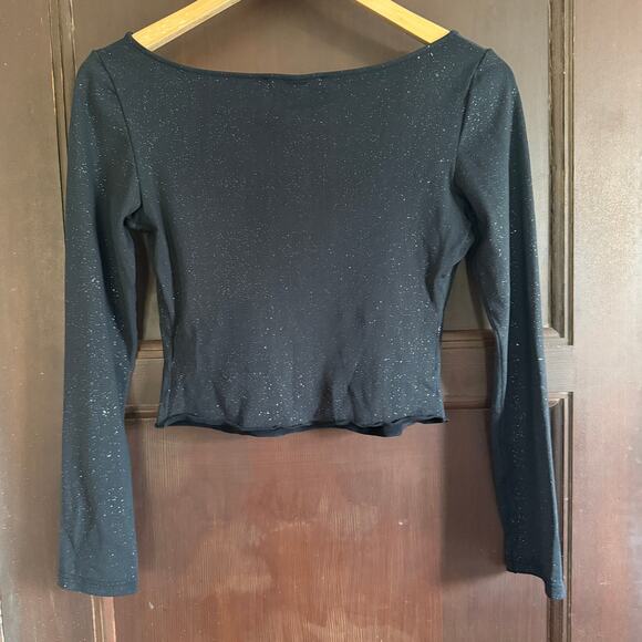 COSABELLA | Black Sparkly Cropped Long Sleeve Top Glitter Baby Tee | Medium - Picture 2 of 6